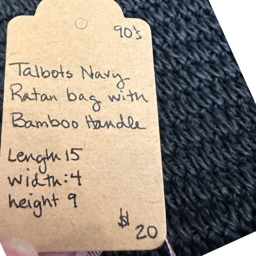 Talbots Navy Blue Woven Rattan Tote Bag with Natural Bamboo Handle Vintage 90s - Picture 3 of 3